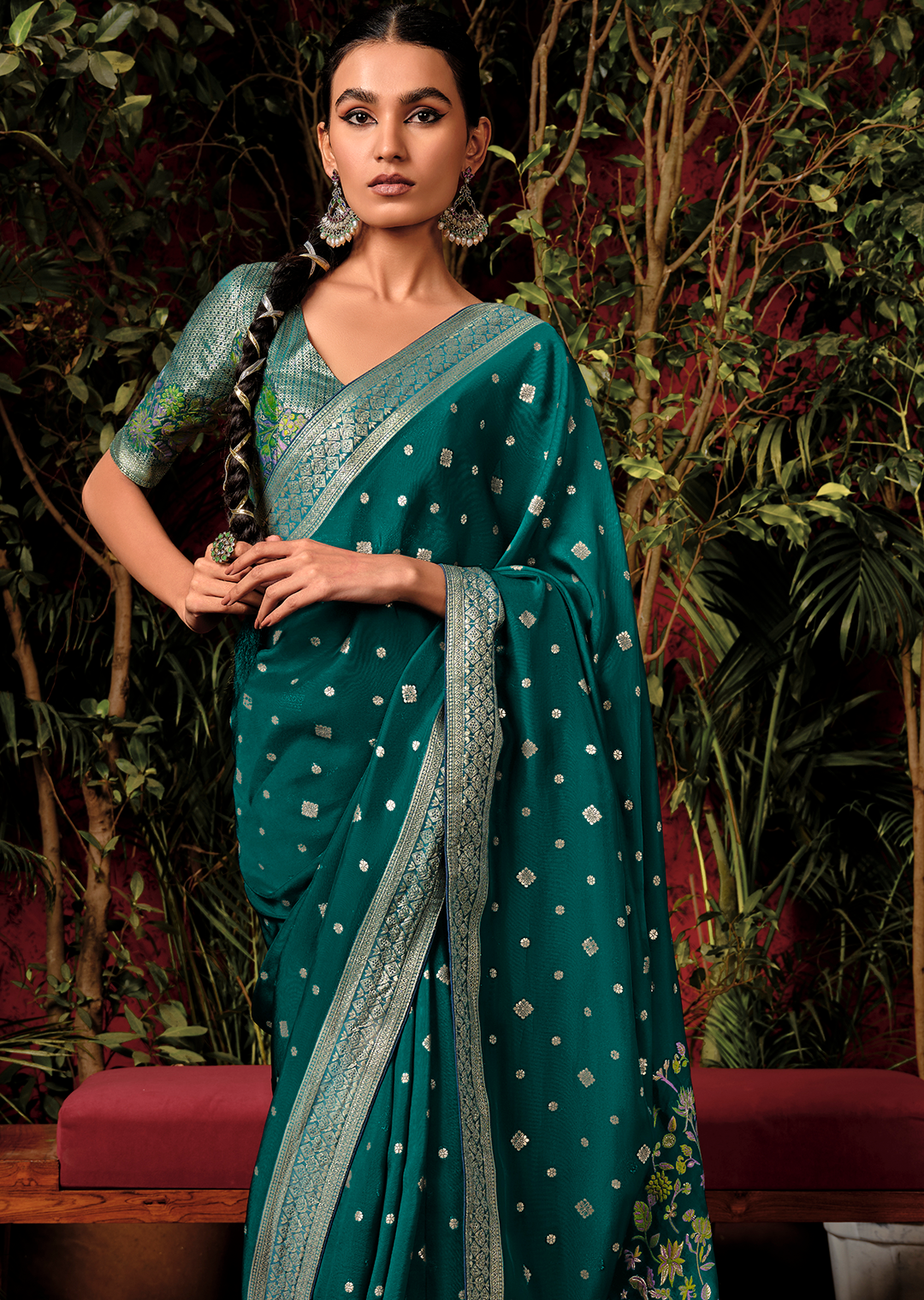 Pine Green Woven Pure Viscose Dola Silk Banarasi Saree