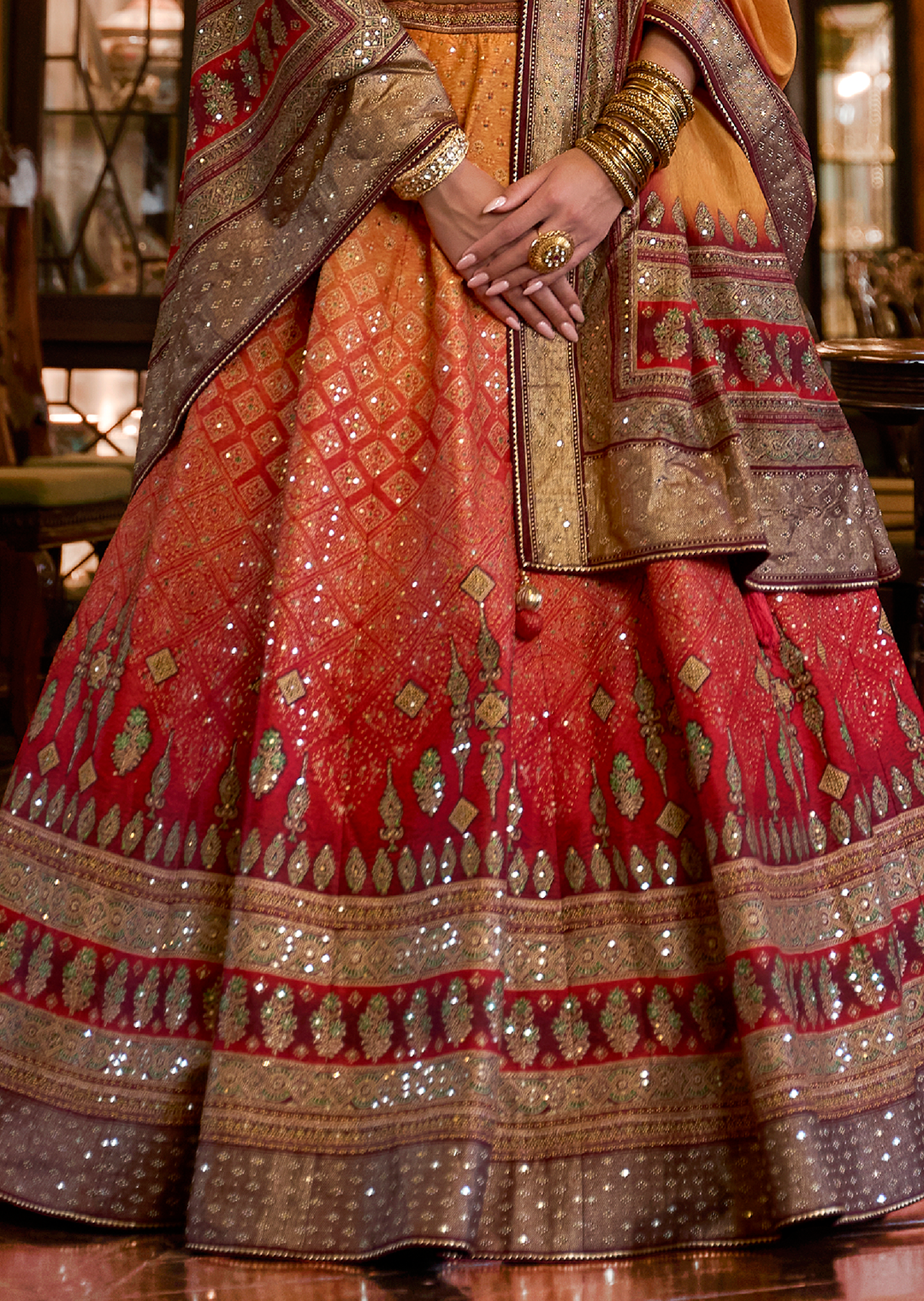 Red & Yellow Woven Traditional Rajwadi Patola Silk Lehenga