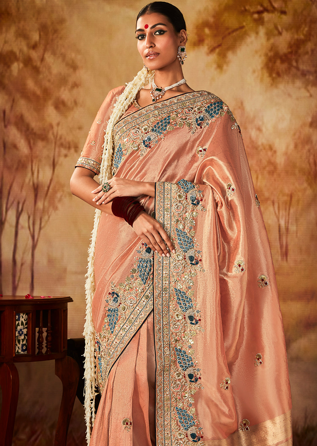 Peach Zari Woven Heavy Embroidered Designer Kanjivaram Silk Saree