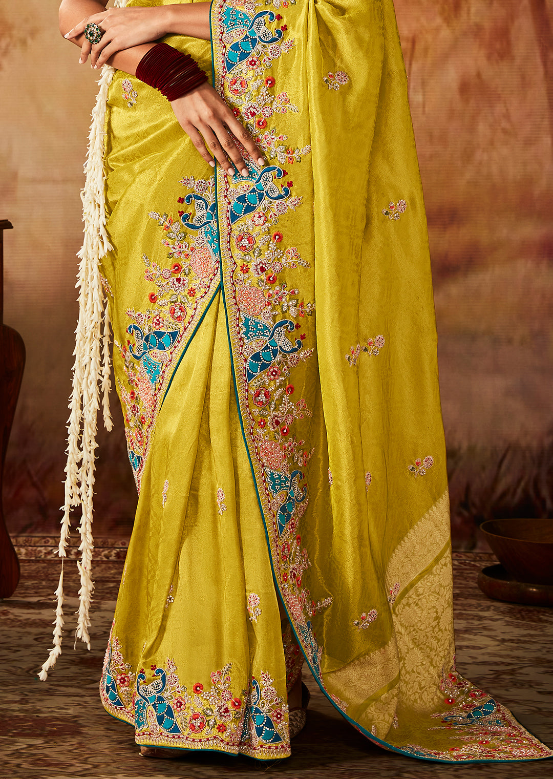 Lemon Yellow Zari Woven Heavy Embroidered Designer Kanjivaram Silk Saree