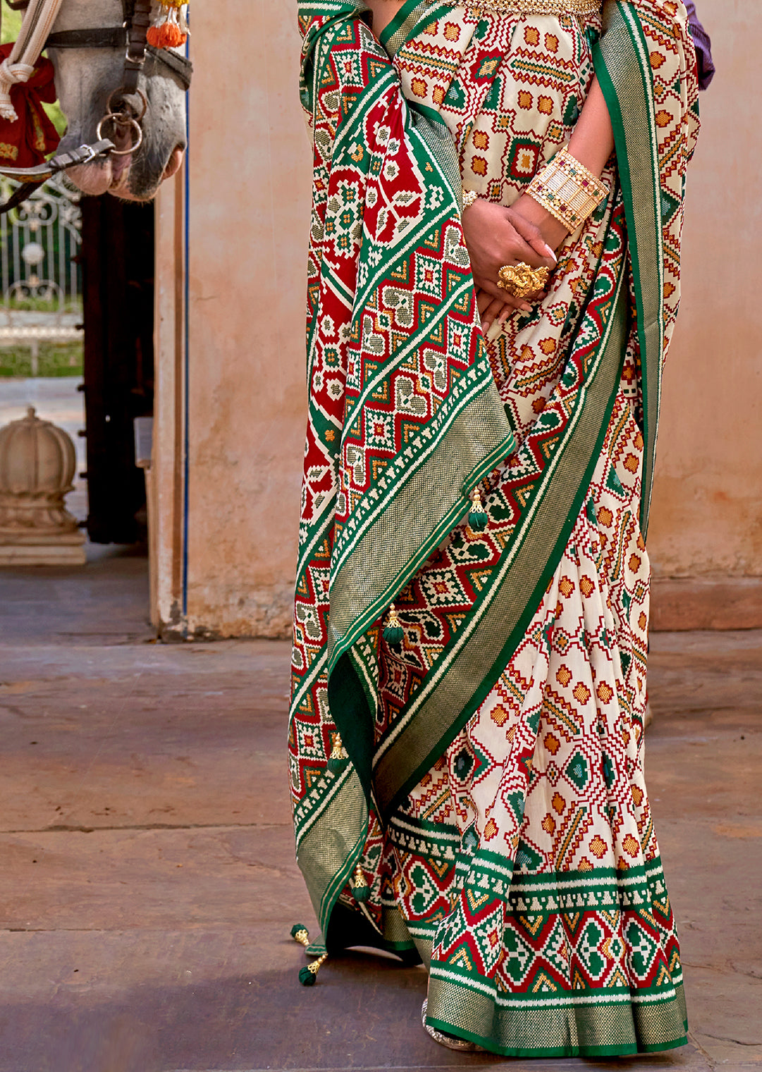 Jade Green & White Woven Patola Silk Saree