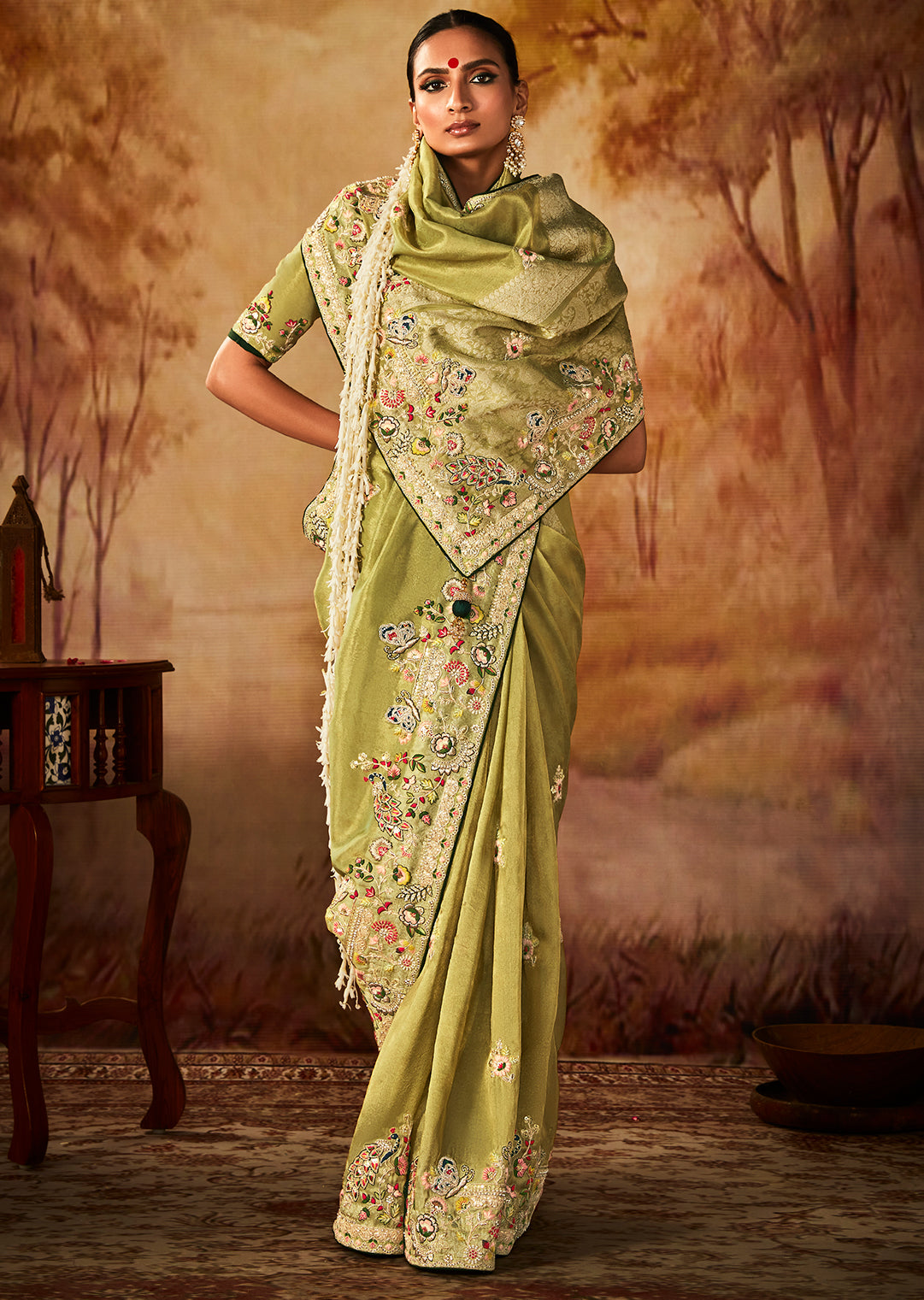 Pear Green Zari Woven Heavy Embroidered Designer Kanjivaram Silk Saree