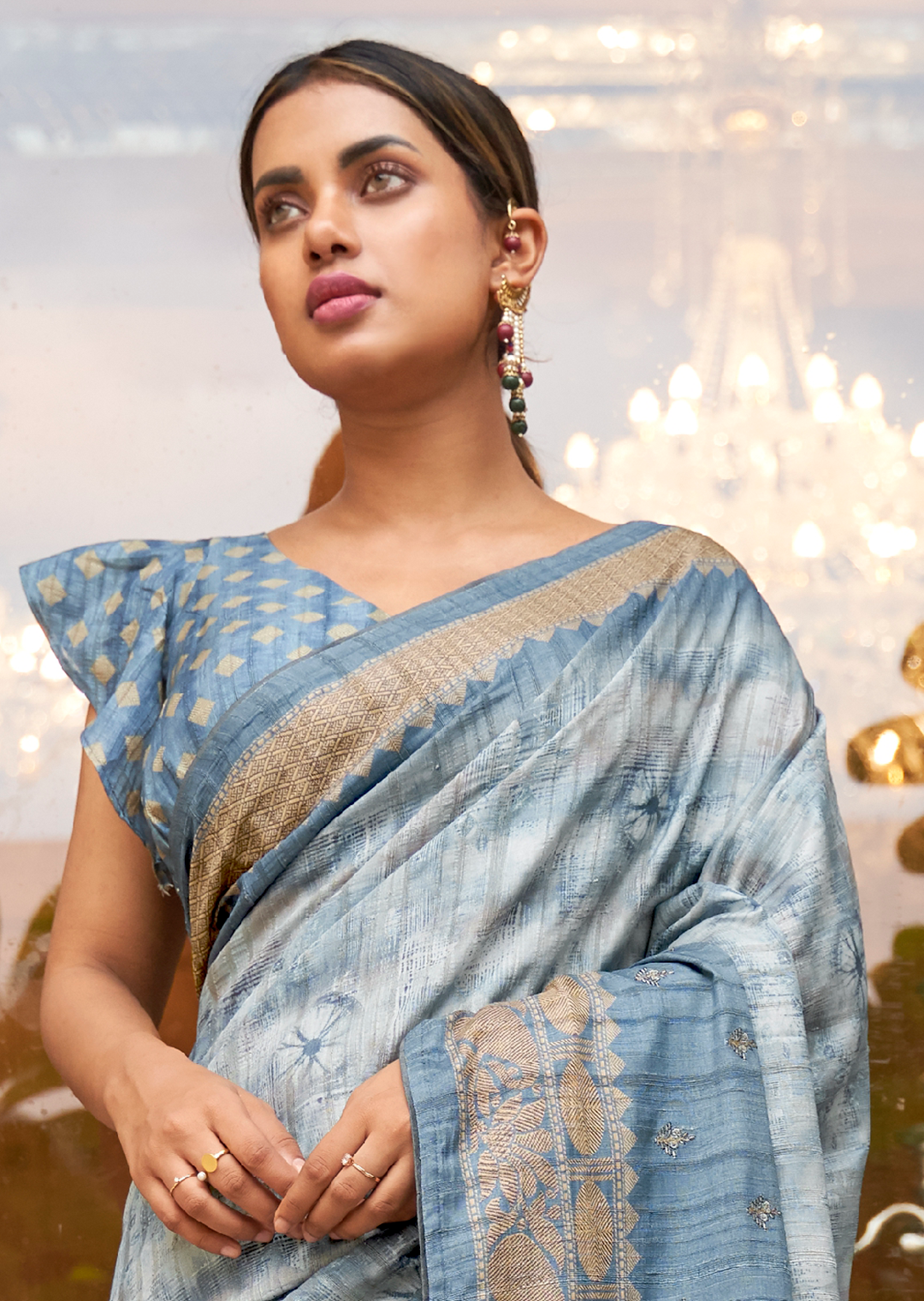 Powder Blue Woven Pure Handloom Khaddi Jute Silk Saree