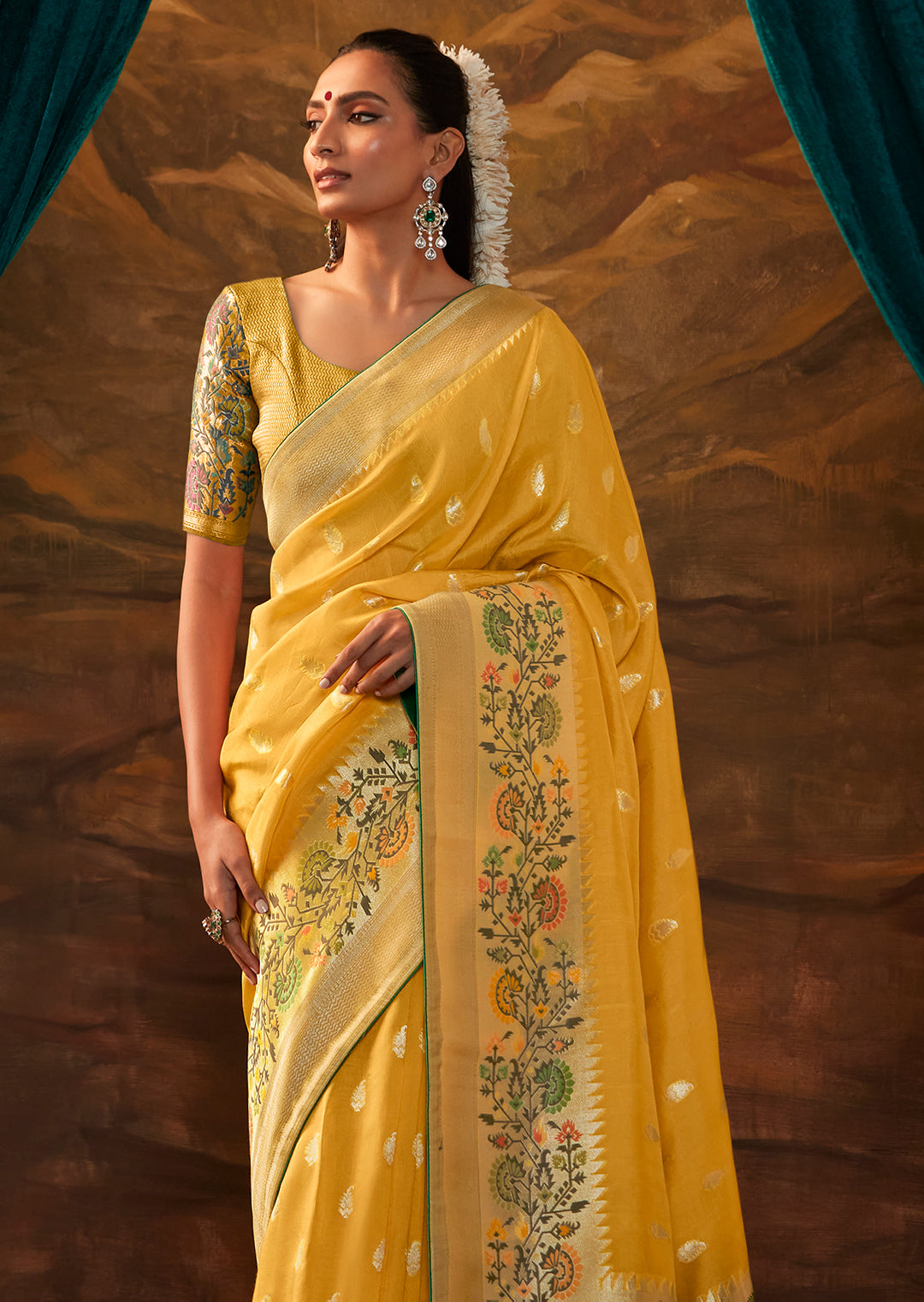 Corn Yellow Zari & Resham Woven Designer Banarasi Silk Saree