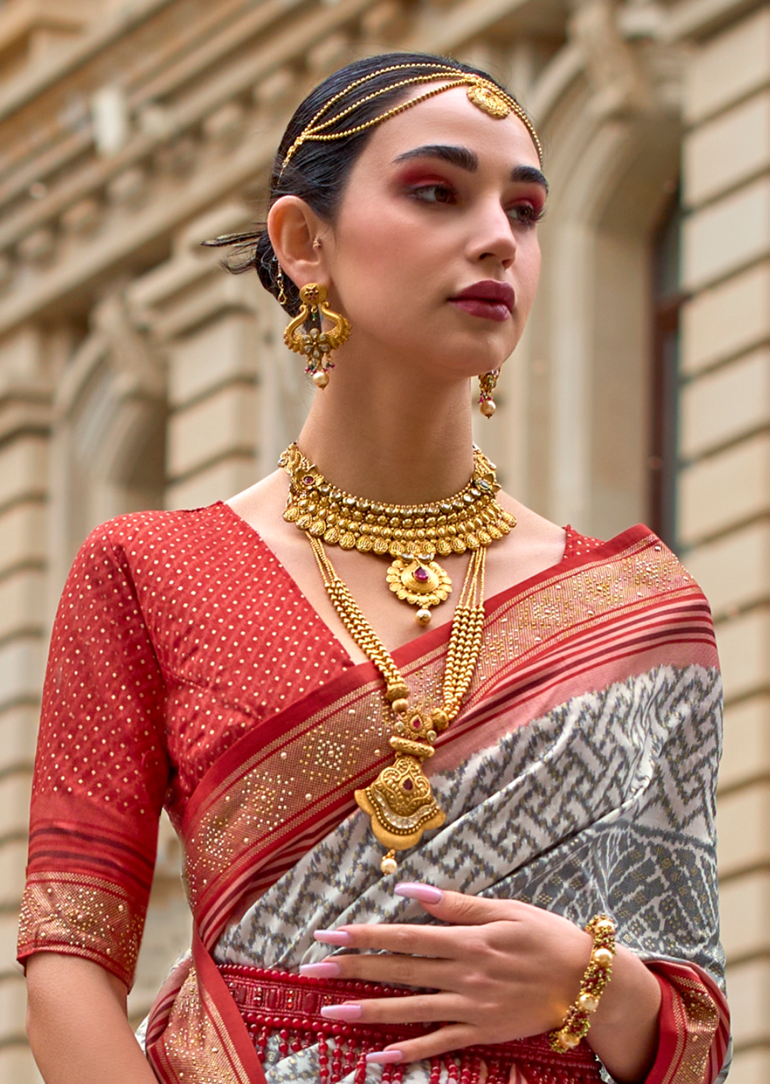 White & Red Woven Royal Traditional Patola Silk Saree