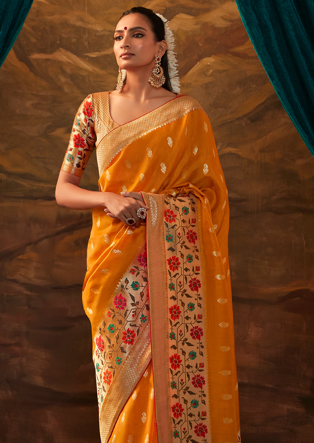 Mustard Yellow Zari & Resham Woven Designer Banarasi Silk Saree