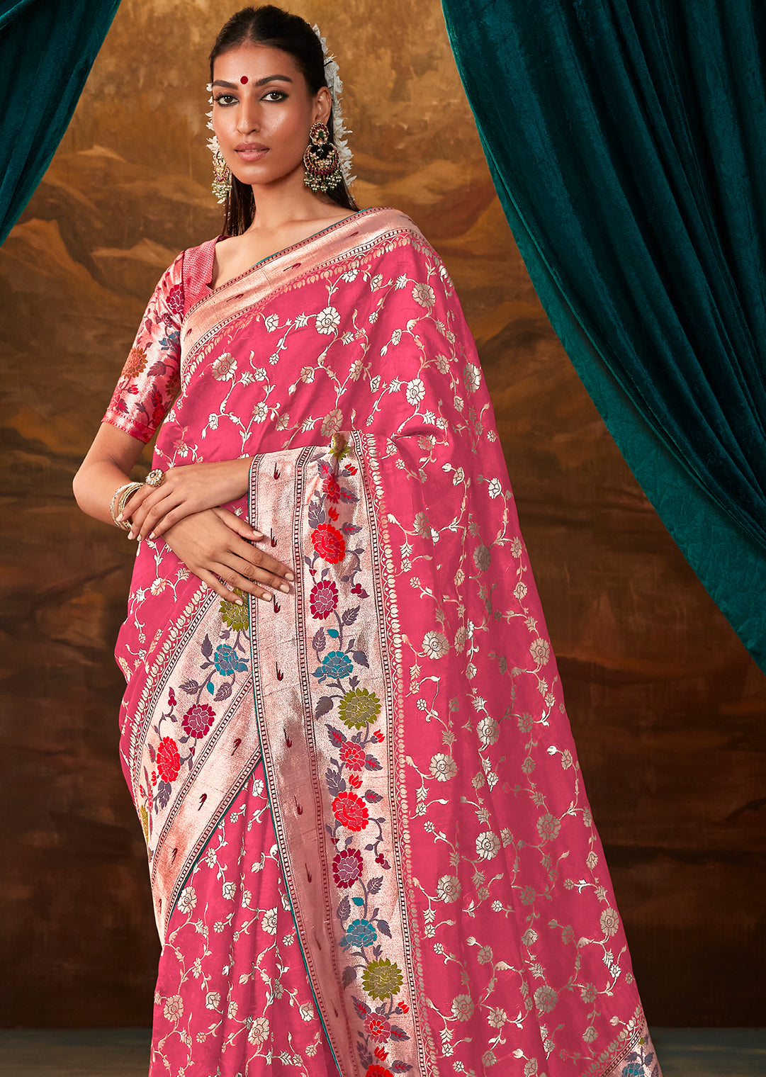 Cerise Pink Zari & Resham Woven Designer Banarasi Silk Saree