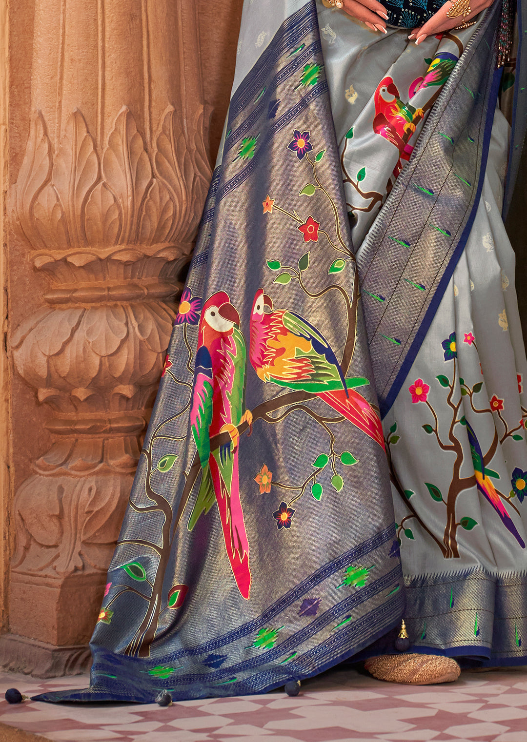 Grey & Blue Woven Paithani Silk Saree