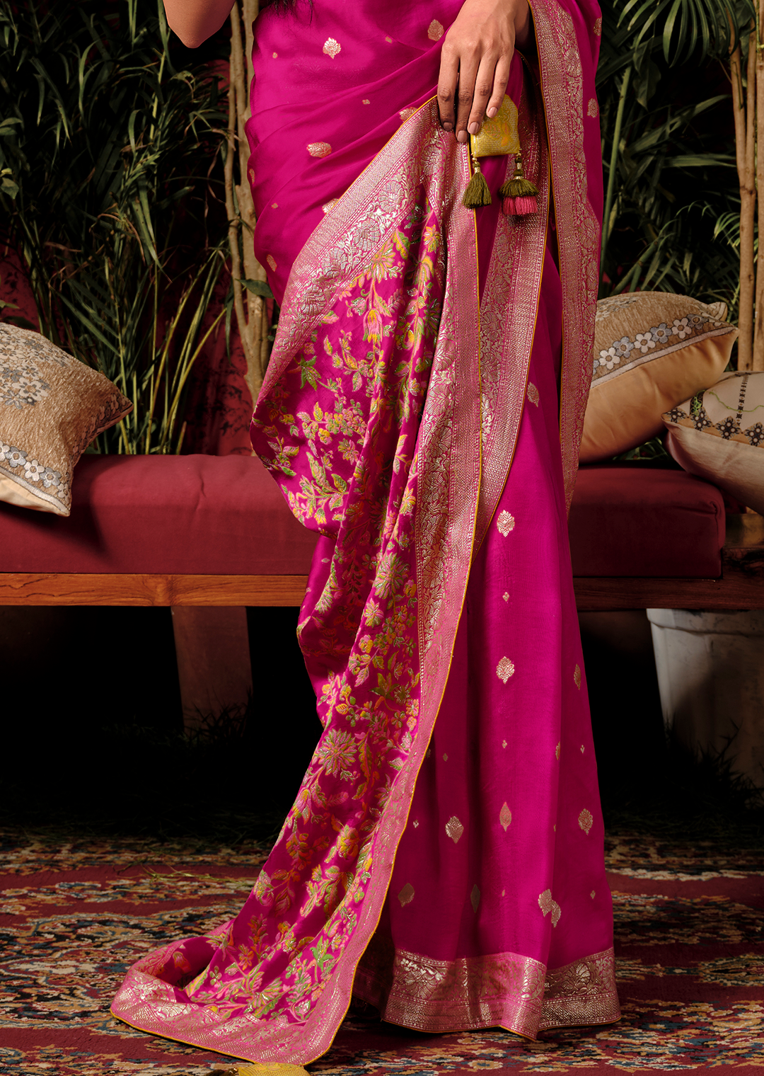 Magenta Pink Woven Pure Viscose Dola Silk Banarasi Saree