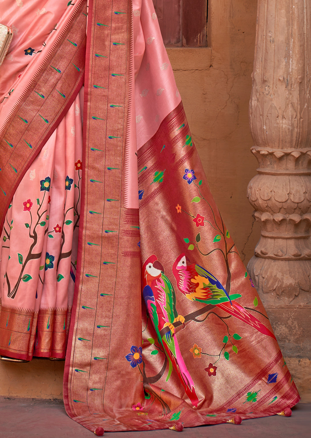 Crepe Pink & Brown Woven Paithani Silk Saree