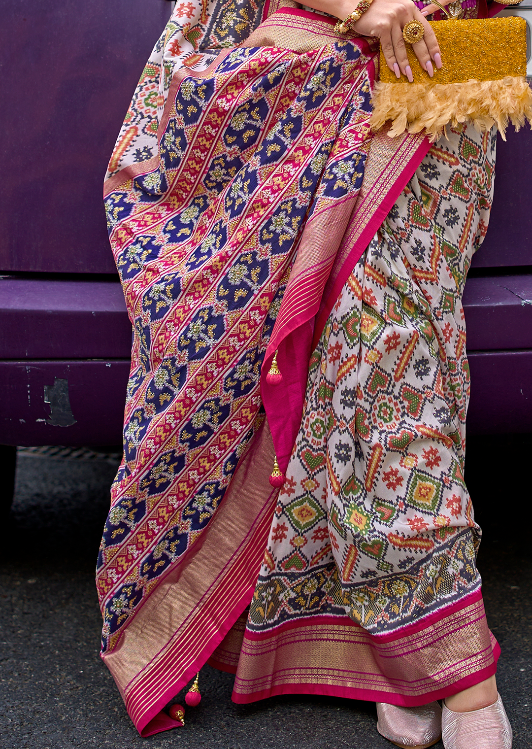 White & Pink Woven Royal Traditional Patola Silk Saree