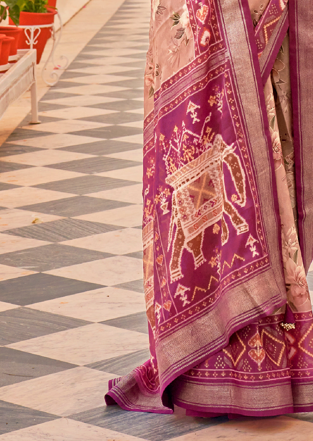 Seashell White & Purple Woven Chiffon Patola Saree