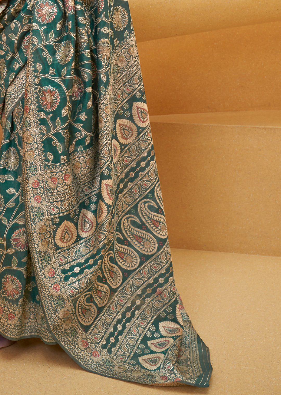 TEAL GREEN WOVEN CHIKANKARI LUCKNOWI COTTON SAREE