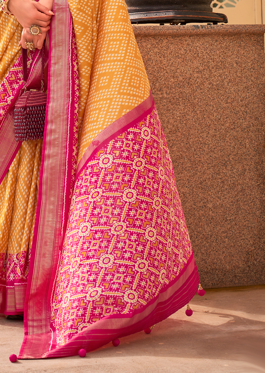 Mustard Yellow & Red	Woven Patola Silk Saree