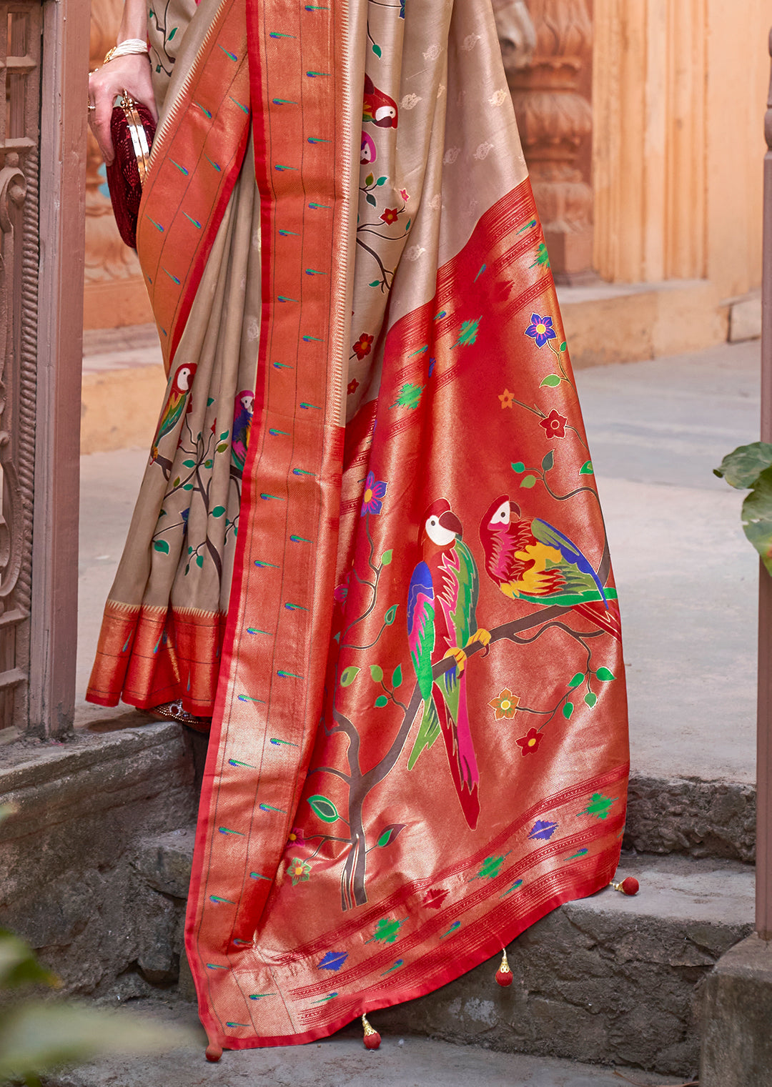 Beige & Red Woven Paithani Silk Saree