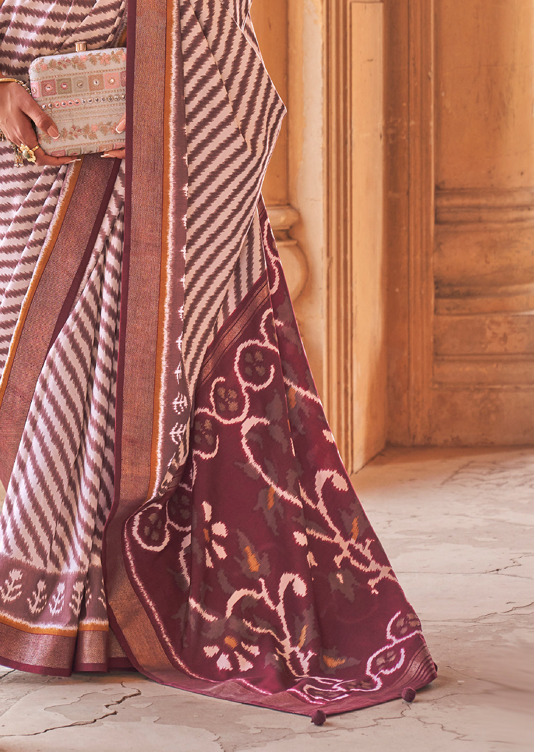 White & Brown Woven Patola Silk Saree