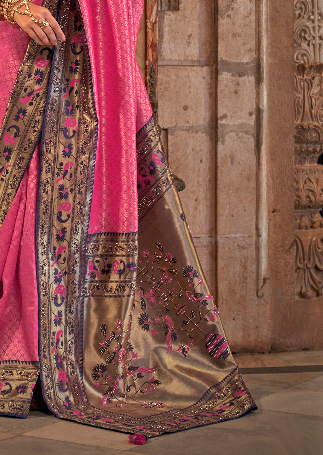 Deep Pink Zari Woven Kanjivaram Paithani Silk Saree