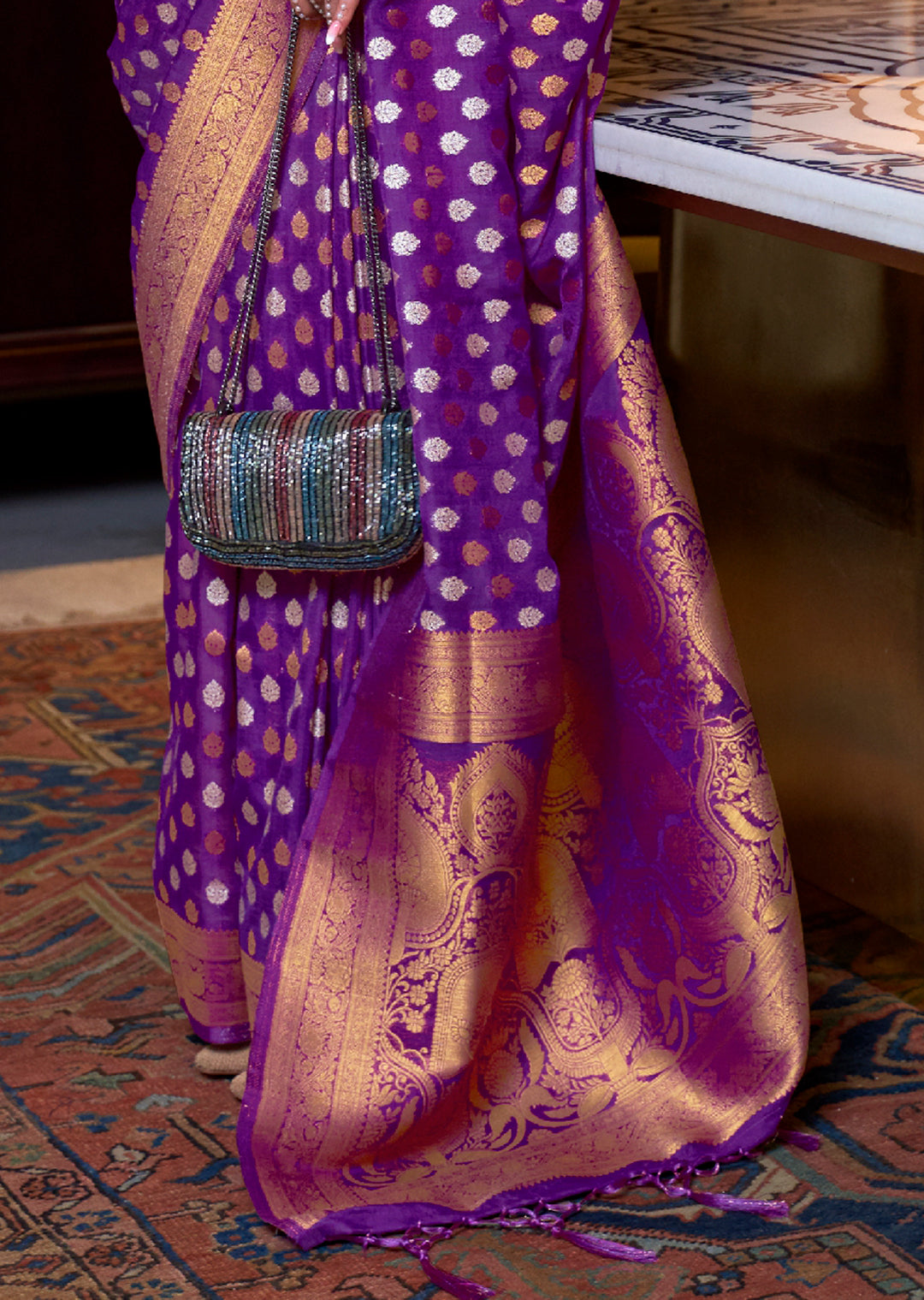 PURPLE COPPER ZARI WOVEN PURE KHADDI GEORGETTE BANARASI SAREE