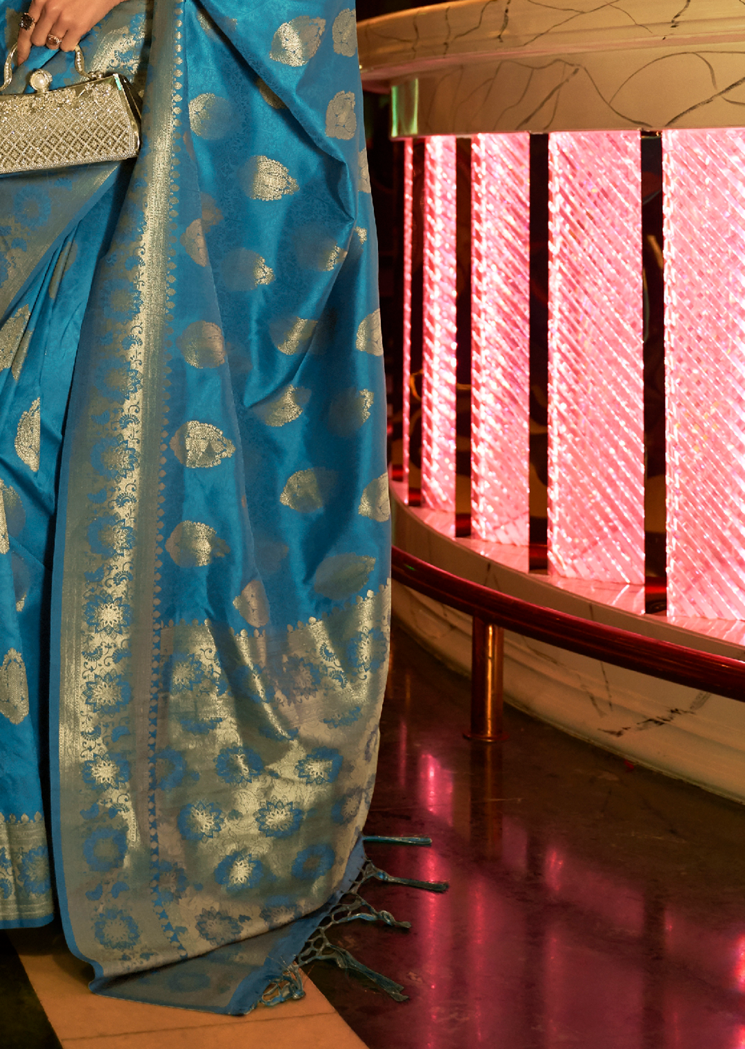Deep Sky Blue Zari Woven Pure Handloom Banarasi Silk Saree