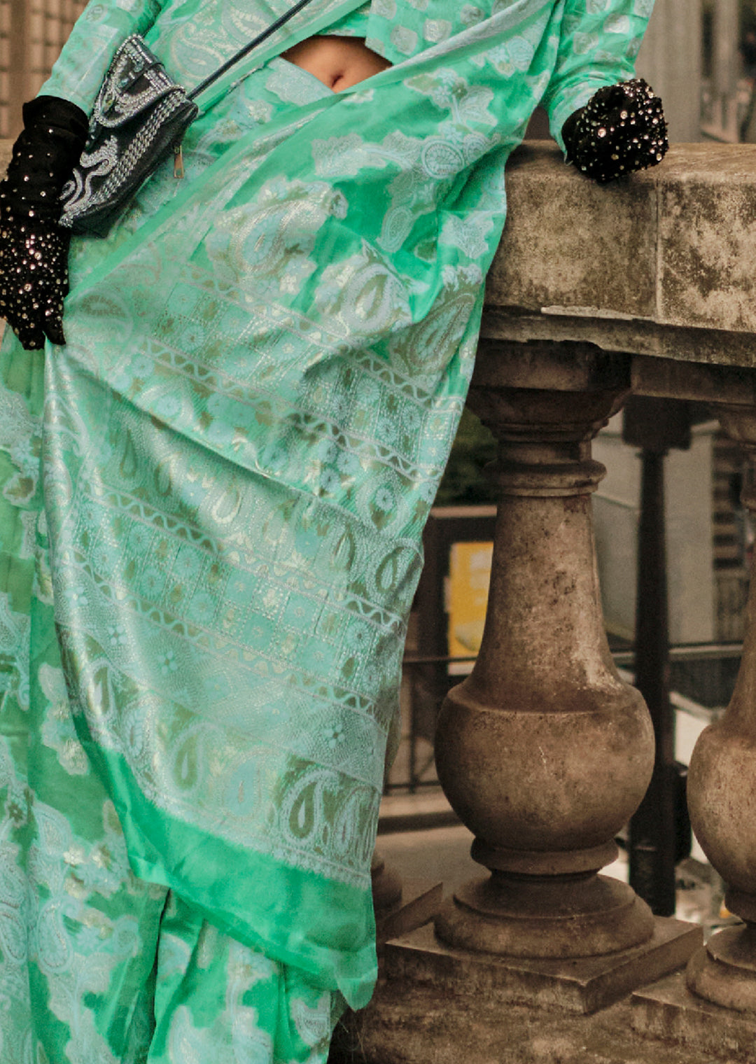 Seafoam Green Woven Handloom Chikankari Lucknowi Organza Silk Saree