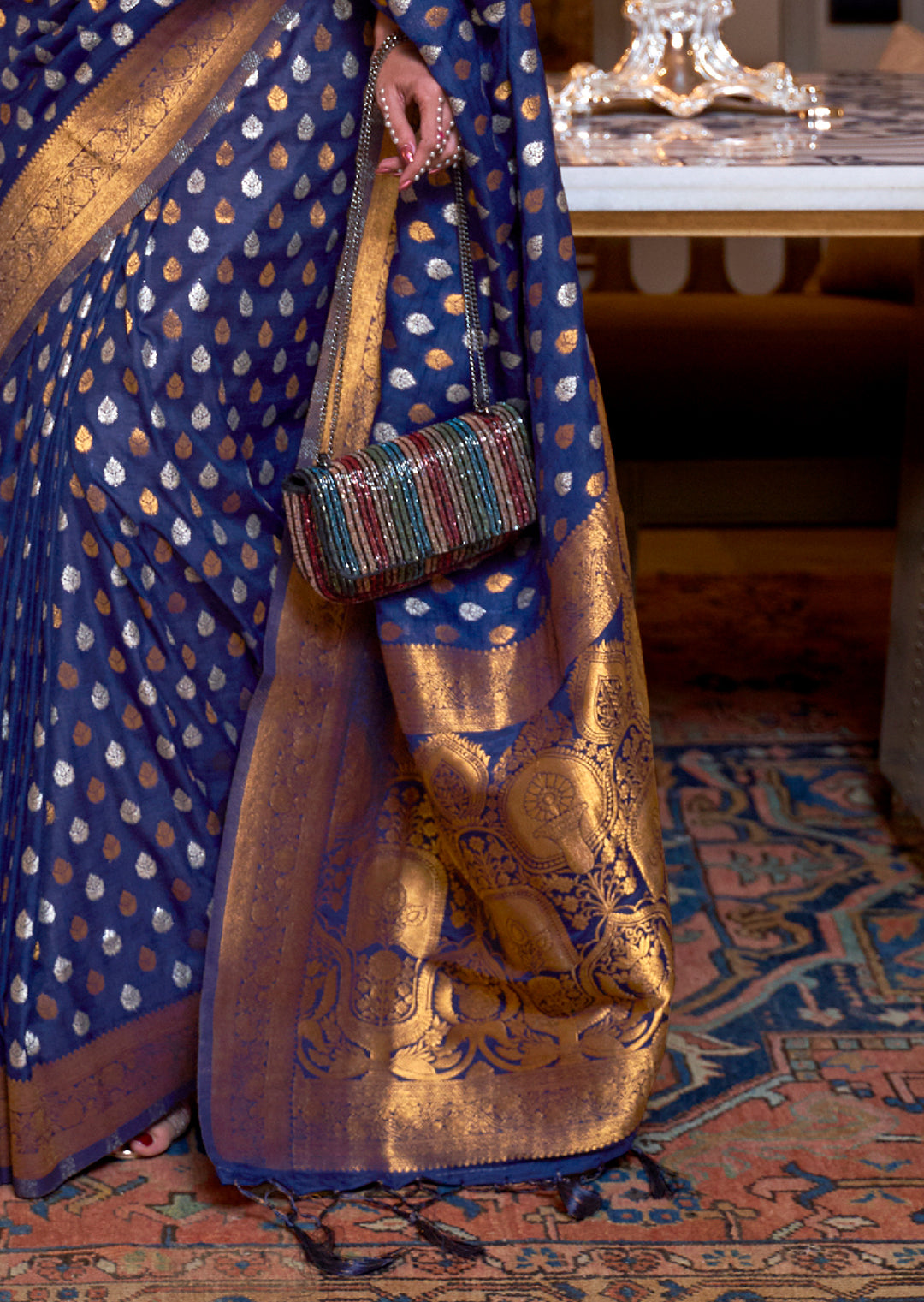 ADMIRE BLUE COPPER ZARI WOVEN PURE KHADDI GEORGETTE BANARASI SAREE