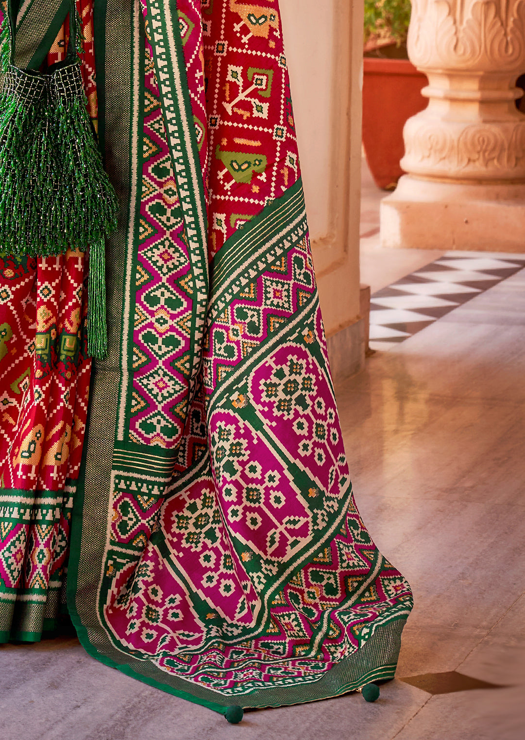 Red & Green Woven Patola Silk Saree