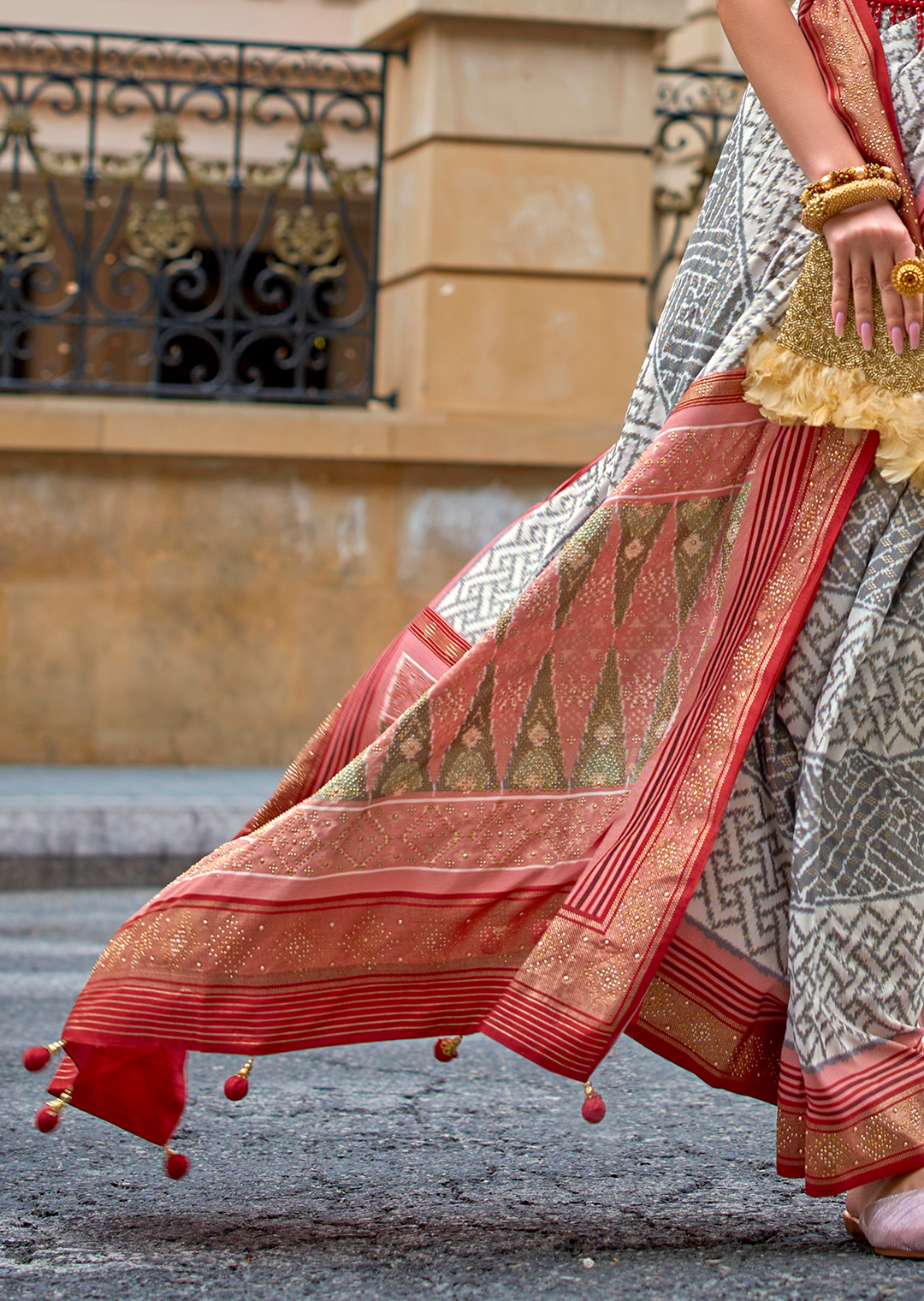 White & Red Woven Royal Traditional Patola Silk Saree