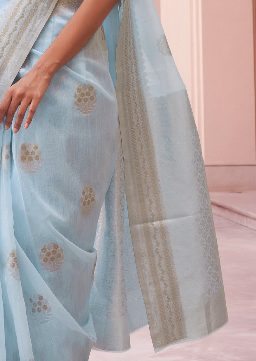 SKY BLUE  WOVEN PURE HANDLOOM LINEN SAREE