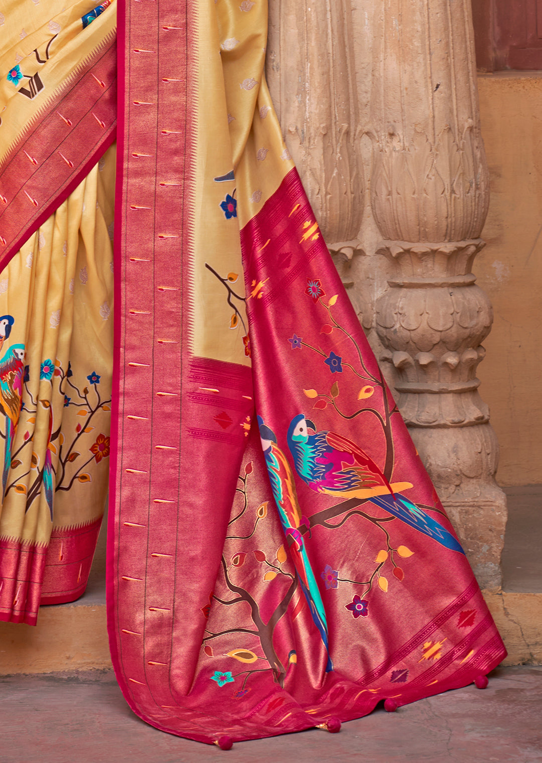 Lemon Yellow & Red Woven Paithani Silk Saree