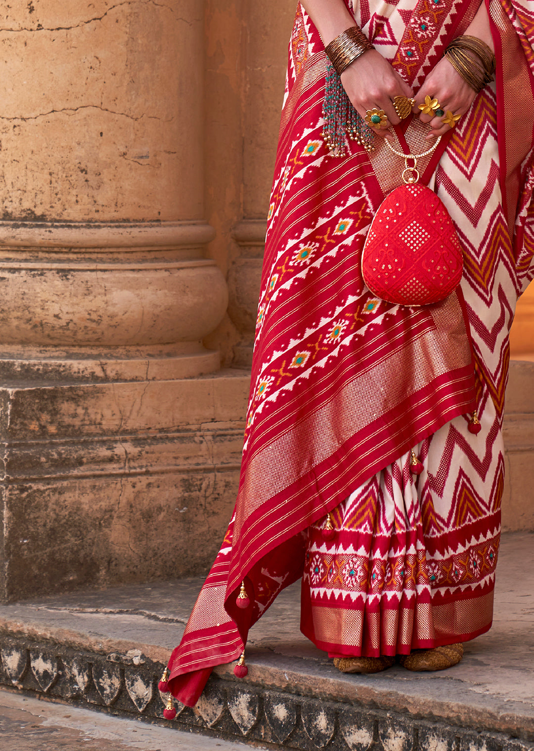 White & Red Woven Patola Silk Saree