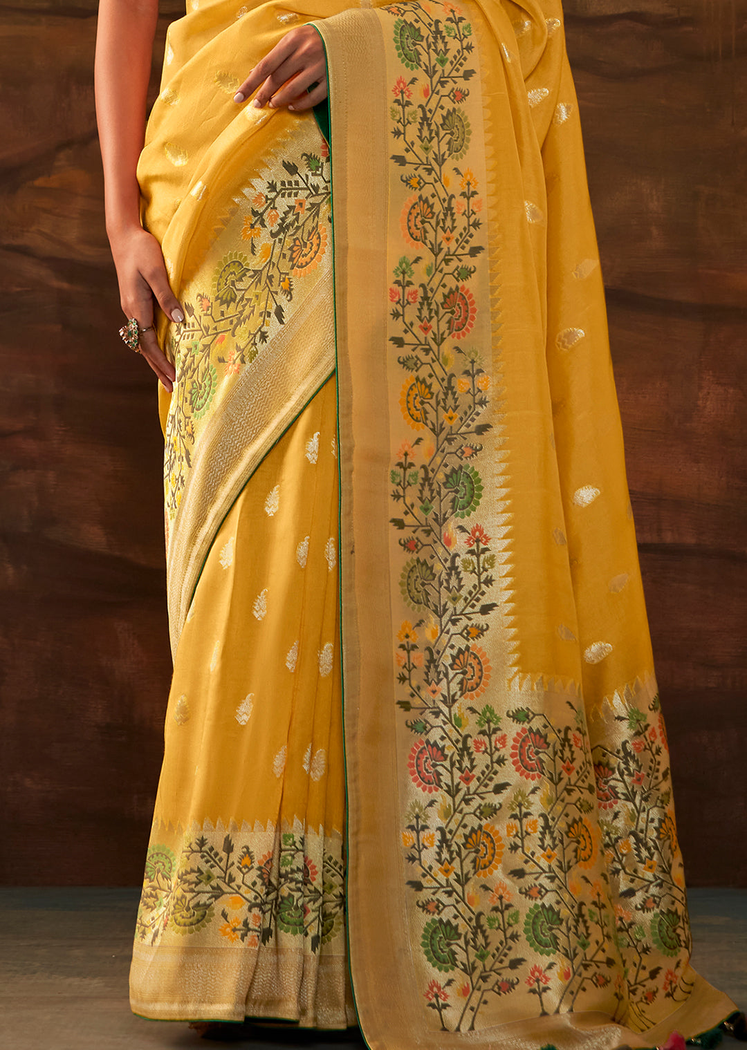 Corn Yellow Zari & Resham Woven Designer Banarasi Silk Saree