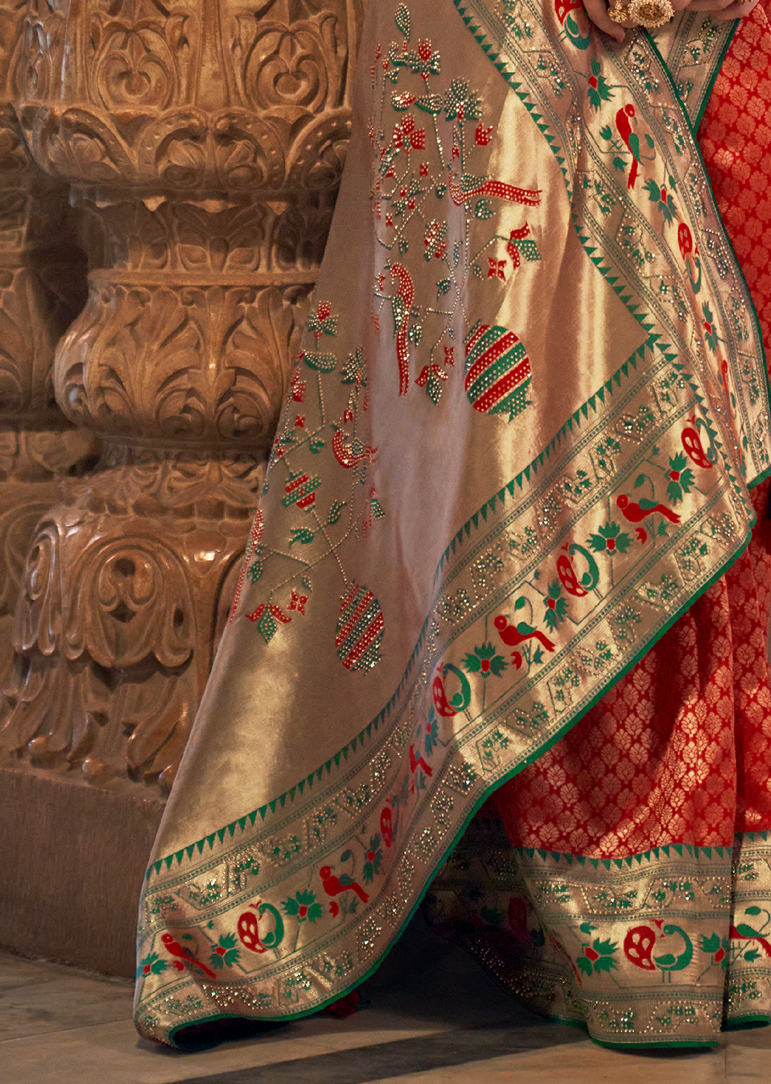 Red & Green Zari Woven Kanjivaram Paithani Silk Saree