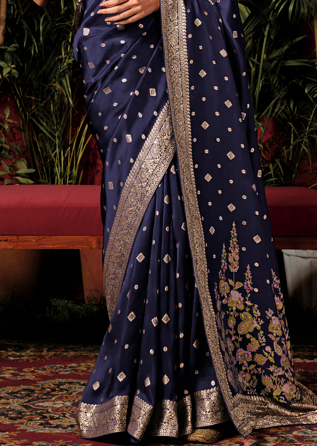 Navy Blue Woven Pure Viscose Dola Silk Banarasi Saree