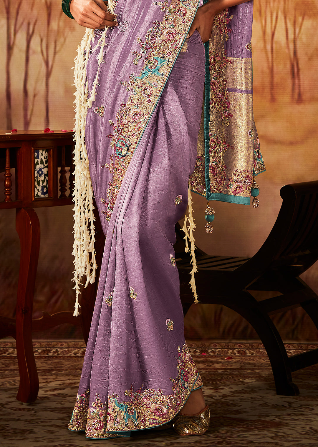 Lilac Purple Zari Woven Heavy Embroidered Designer Kanjivaram Silk Saree