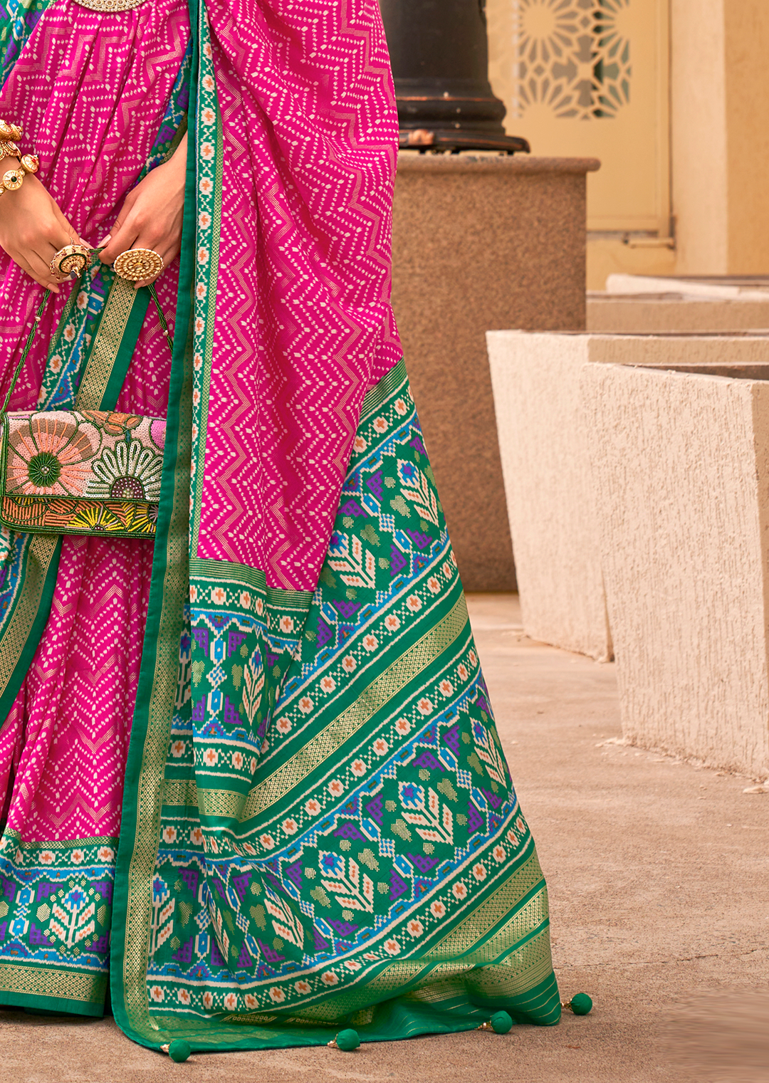 Deep Pink & Green Woven Patola Silk Saree