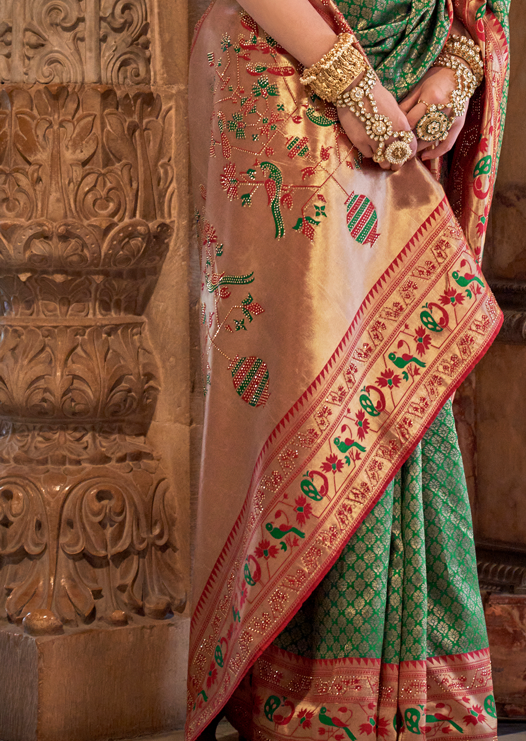 Jade Green & Red Zari Woven Kanjivaram Paithani Silk Saree