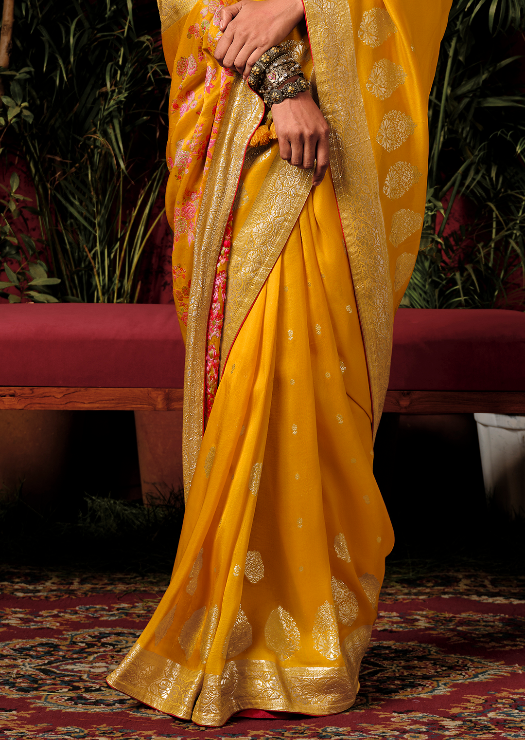 Golden Yellow Woven Pure Viscose Dola Silk Banarasi Saree