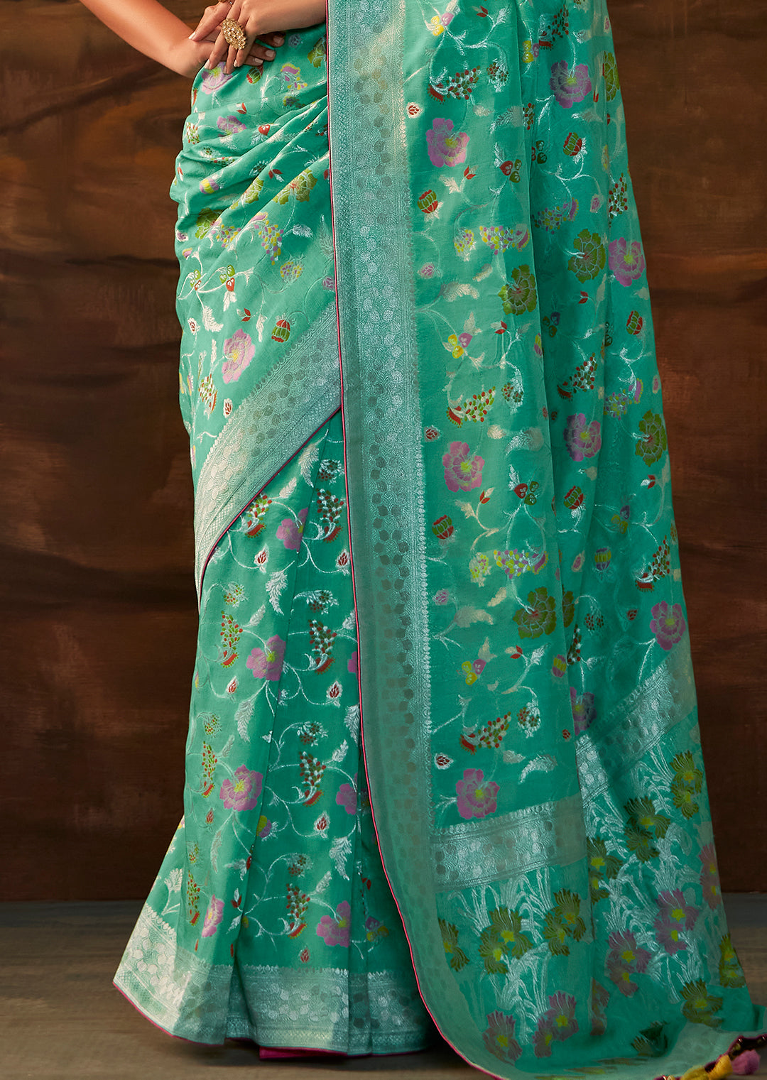 Turquoise Green Zari & Resham Woven Designer Banarasi Silk Saree