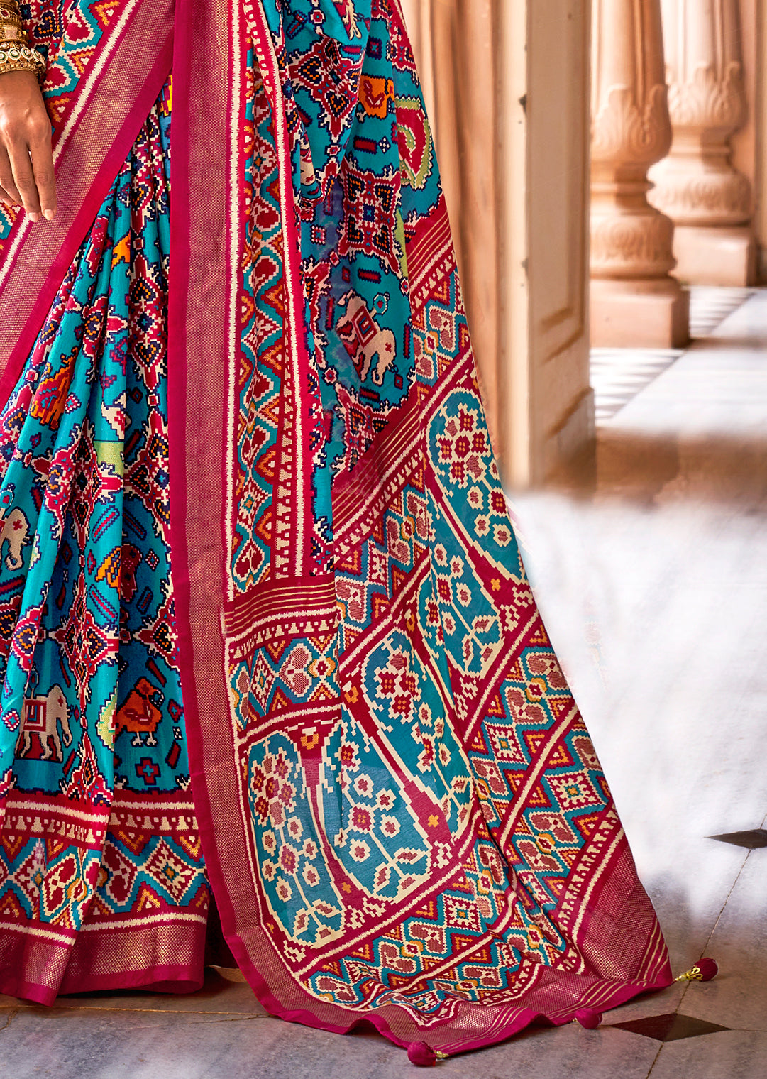 Deep Sky Blue Woven Patola Silk Saree