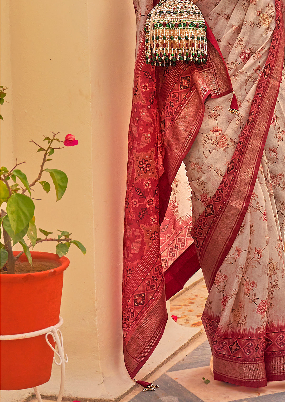 Cloud Grey & Red Woven Chiffon Patola Saree