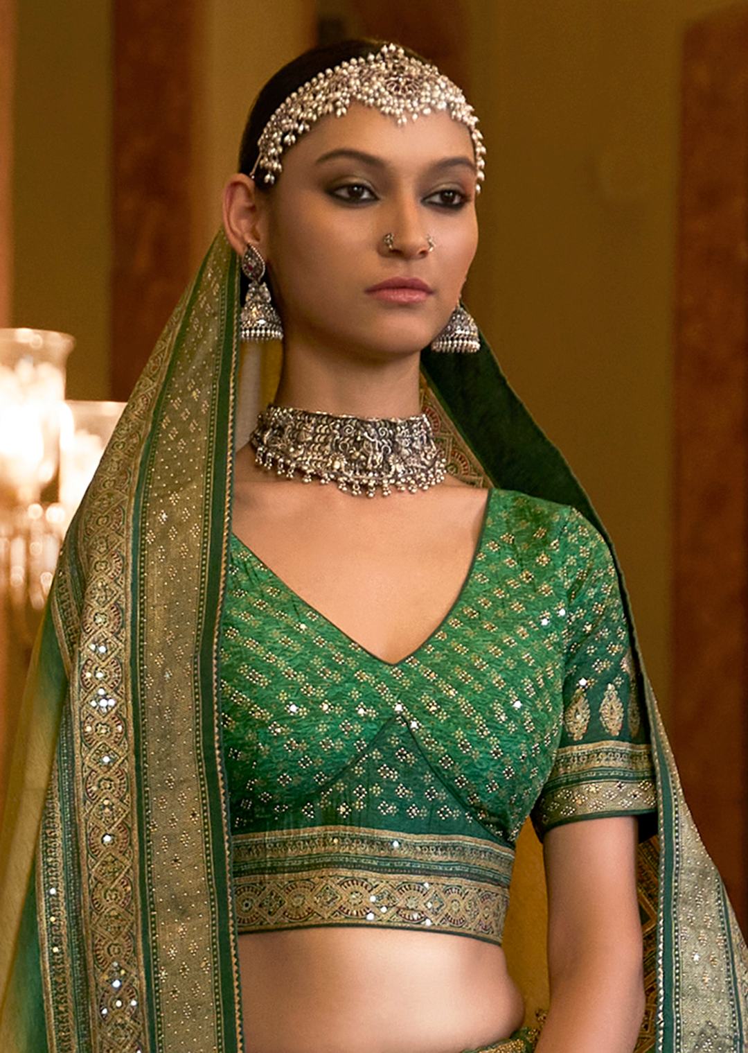 Jade Green Woven Traditional Rajwadi Patola Silk Lehenga