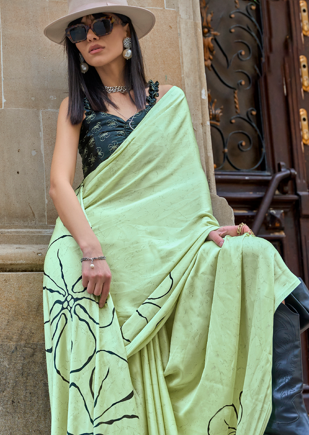 Tea Green Woven Digital Printed Pure Satin Crepe Silk Saree