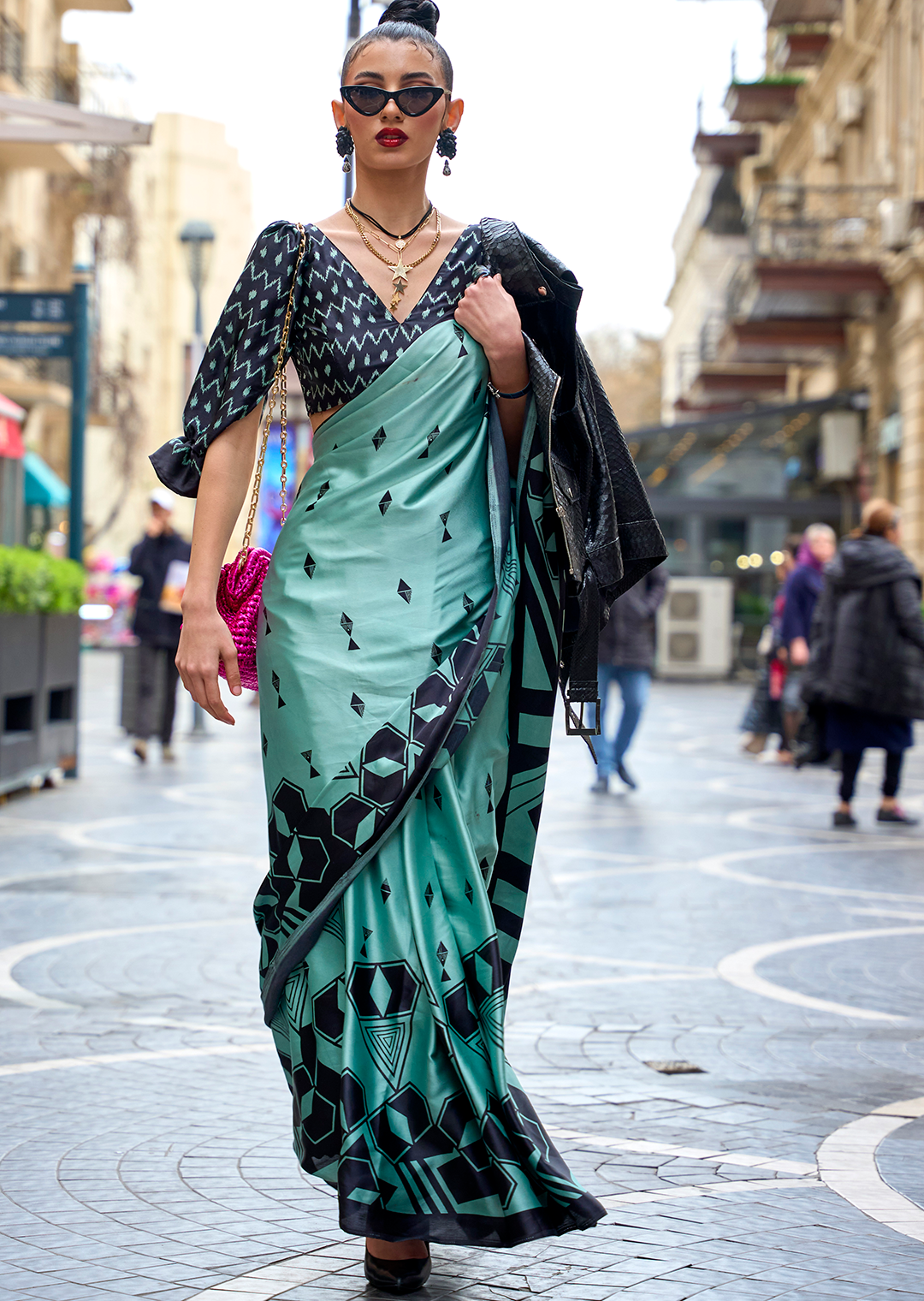 Mint Green Woven Digital Printed Pure Satin Crepe Silk Saree