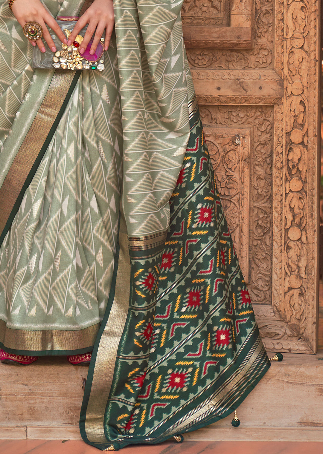 Tea Green Woven Patola Silk Saree