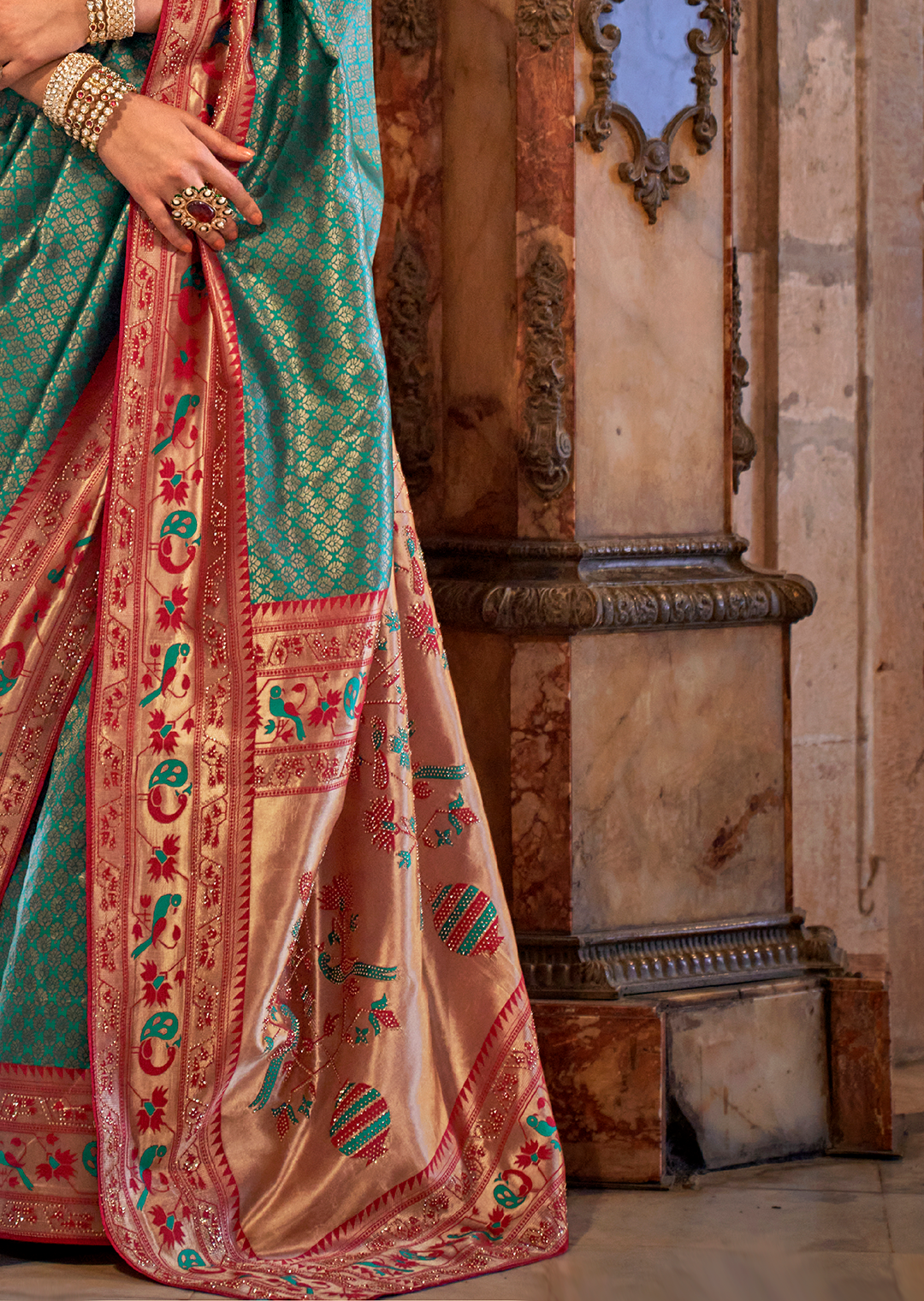 Teal Green & Red Zari Woven Kanjivaram Paithani Silk Saree