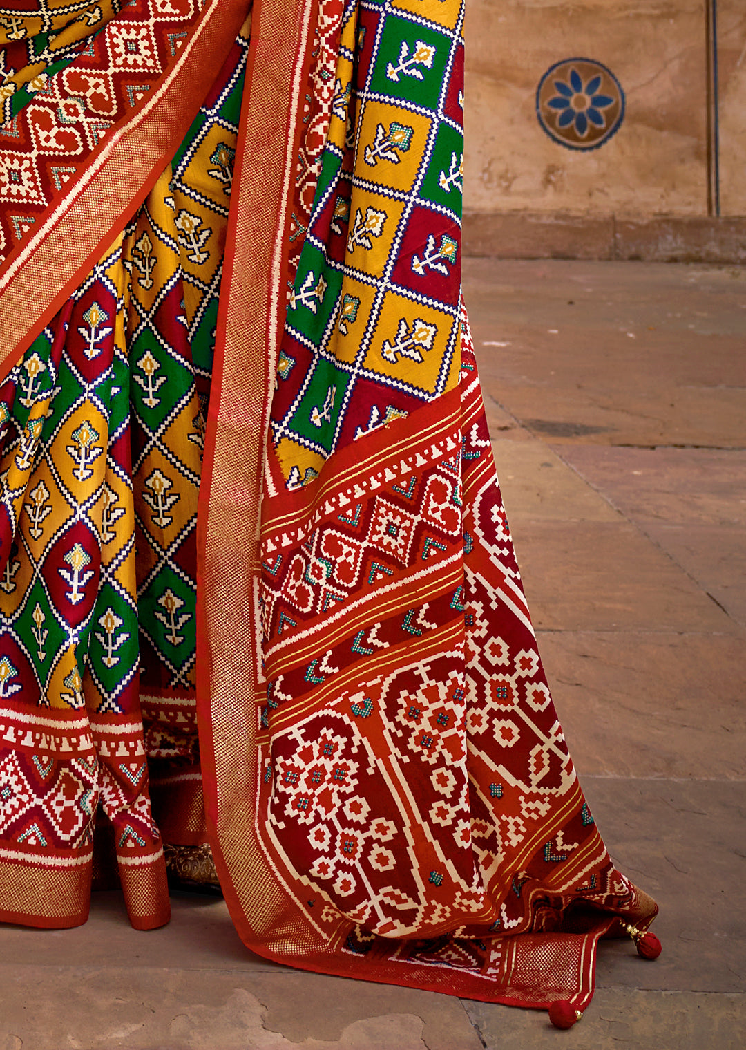 Mustard Yellow & Red Woven Patola Silk Saree