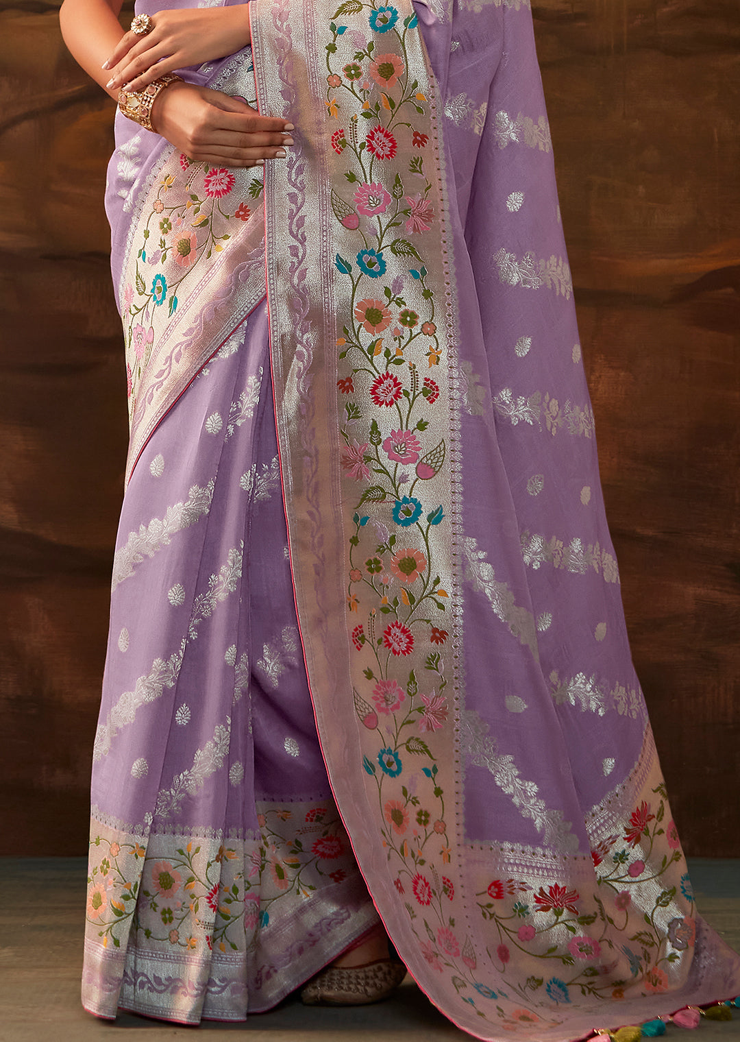 Periwinkle Purple Zari & Resham Woven Designer Banarasi Silk Saree