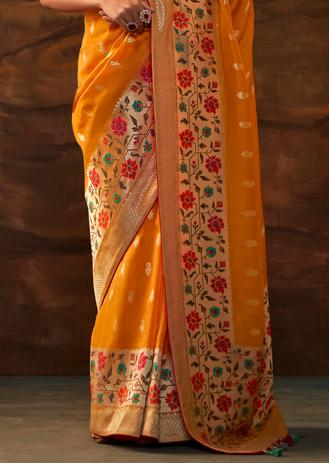 Mustard Yellow Zari & Resham Woven Designer Banarasi Silk Saree