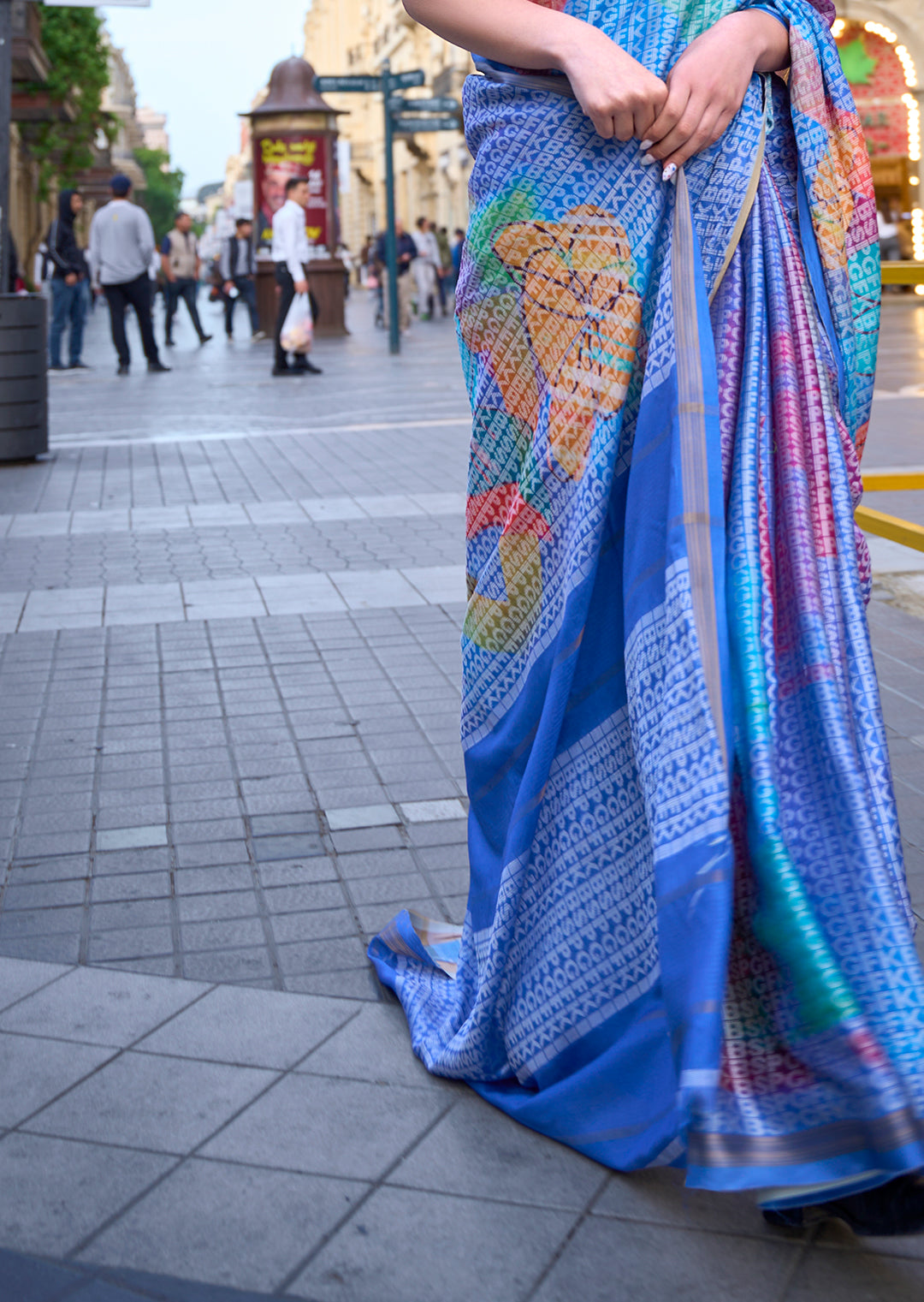 Blue Woven Digital Printed Crepe Silk Saree