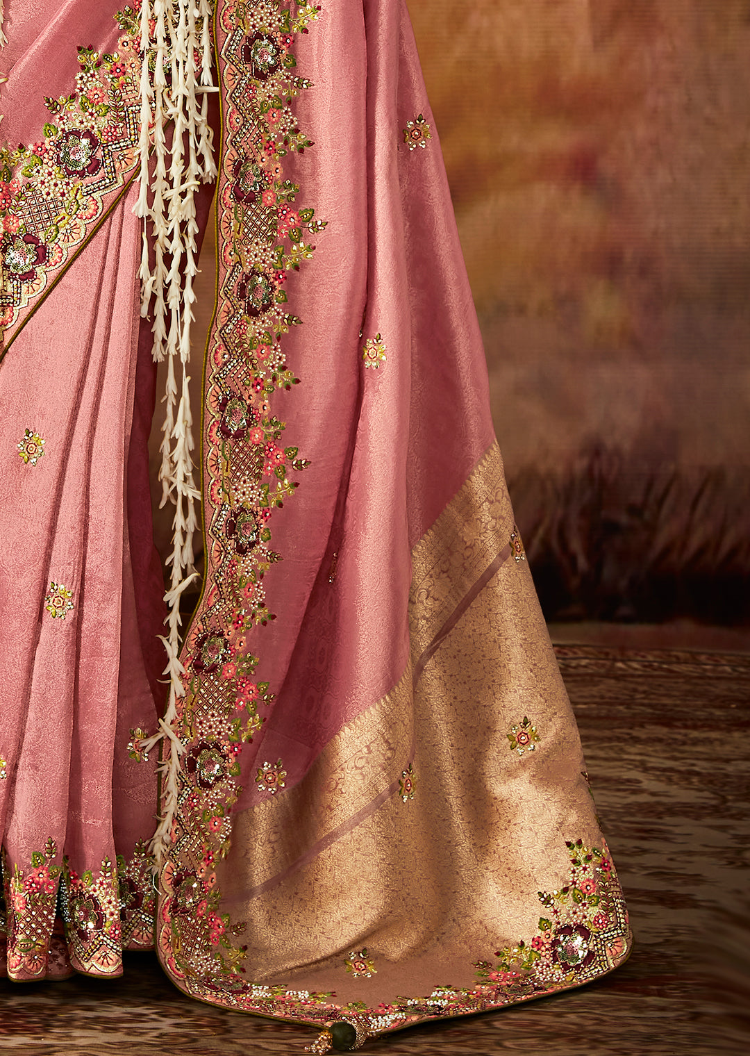 Crepe Pink Zari Woven Heavy Embroidered Designer Kanjivaram Silk Saree